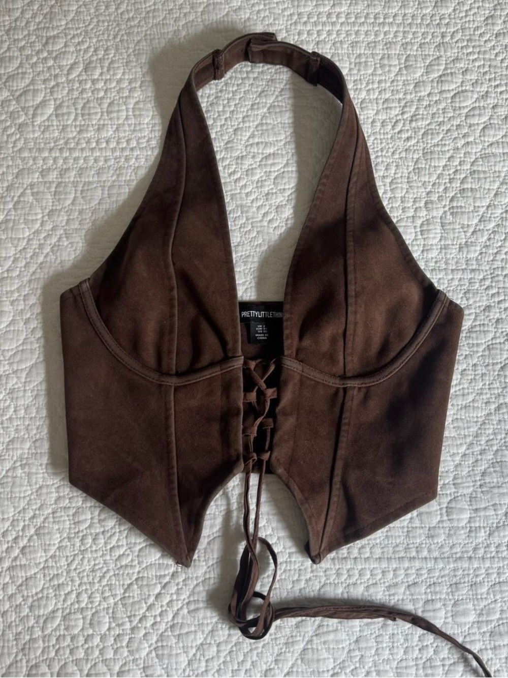 Pretty Little Thing Dark Chocolate Faux Suede Lace Up Halter Suede Corset 00 XXS